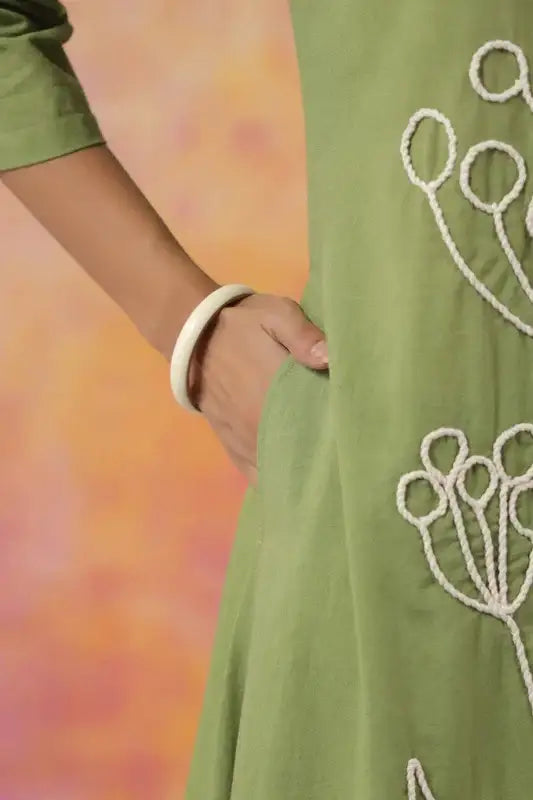Artisanal Green Outfit with White Outline Embroidery Co-ord Set