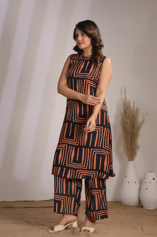 Rust Maze Sleeveless Russian Silk Co-ord Set
