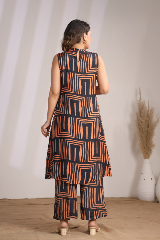 Rust Maze Sleeveless Russian Silk Co-ord Set