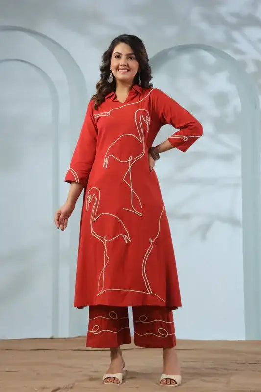 Orange Flamingo Embroidered Cotton Flex Co-ord Set