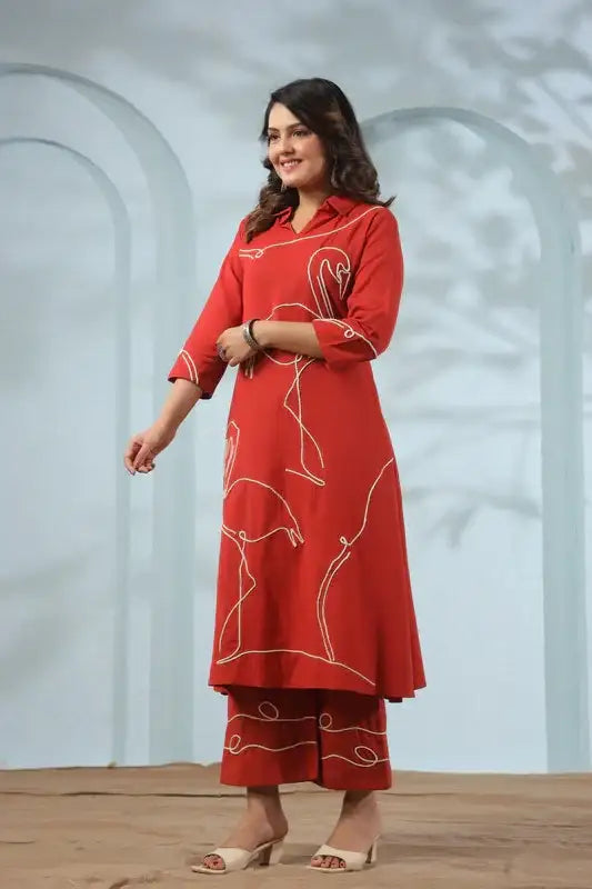 Orange Flamingo Embroidered Cotton Flex Co-ord Set