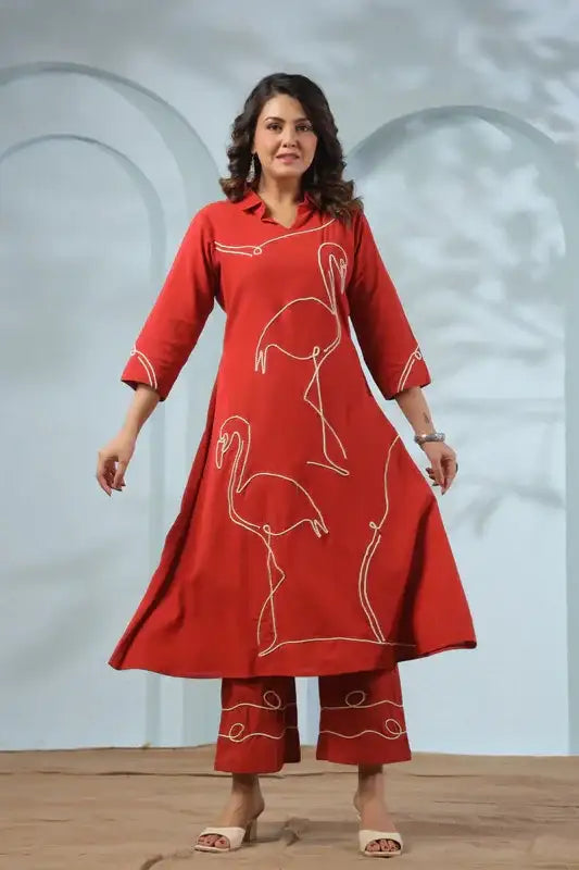 Orange Flamingo Embroidered Cotton Flex Co-ord Set