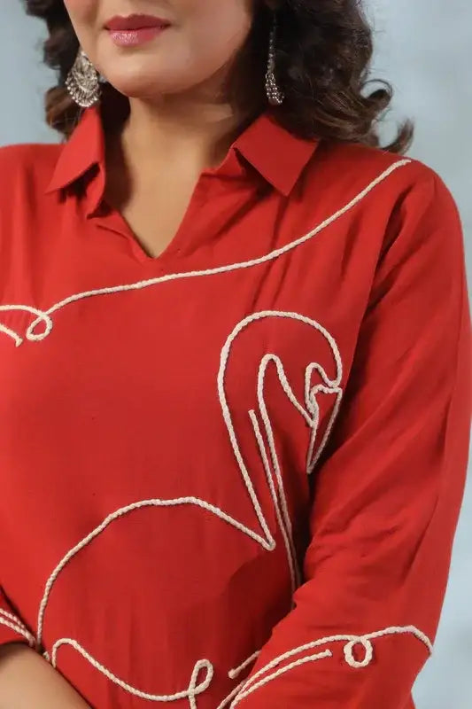 Orange Flamingo Embroidered Cotton Flex Co-ord Set