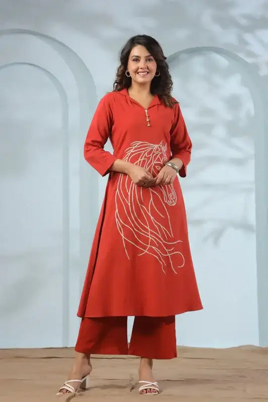 Traditional Equestrian Embroidered Rust Cotton Co-ord Set