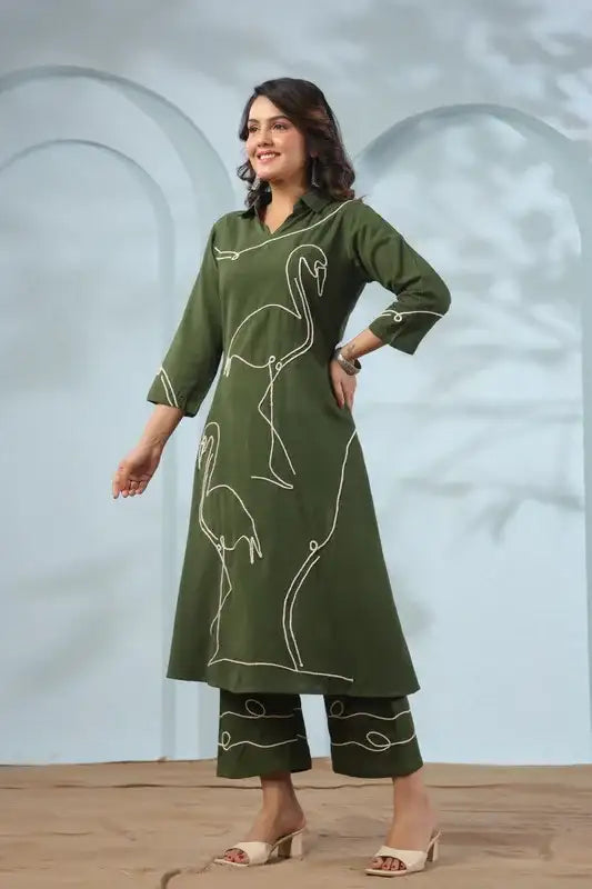 Green Flamingo Embroidered Cotton Flex Co-ord Set