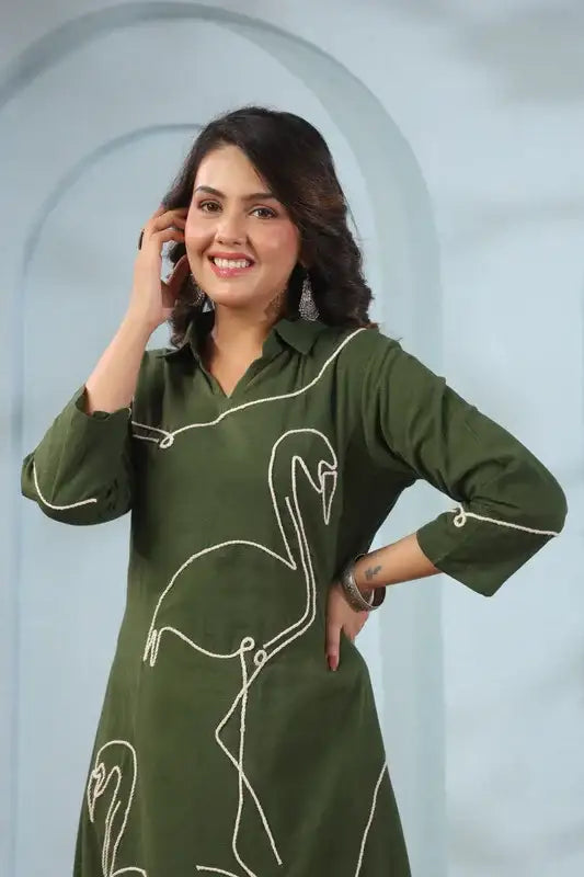 Green Flamingo Embroidered Cotton Flex Co-ord Set