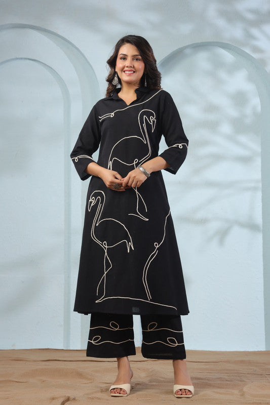 Flamingo Noir Black Embroidered Cotton Flex Co-ord Set