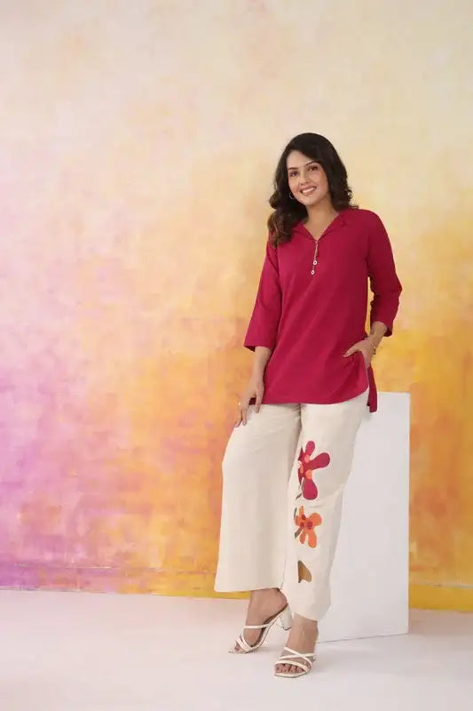 Berry Bloom Wine Cotton Flex Embroidered Co-ord Set