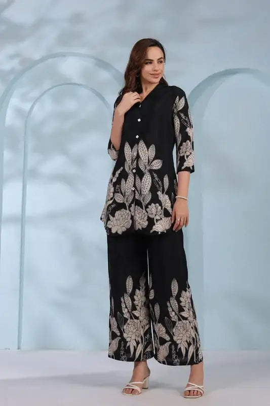 Monochrome Garden in Black Russian Silk Co-ord Set