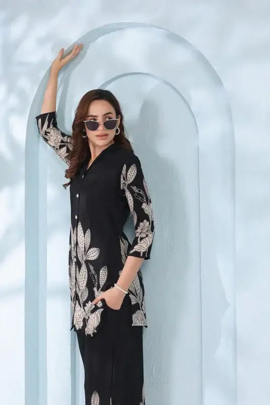 Monochrome Garden in Black Russian Silk Co-ord Set