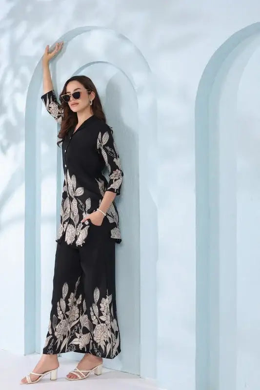 Monochrome Garden in Black Russian Silk Co-ord Set