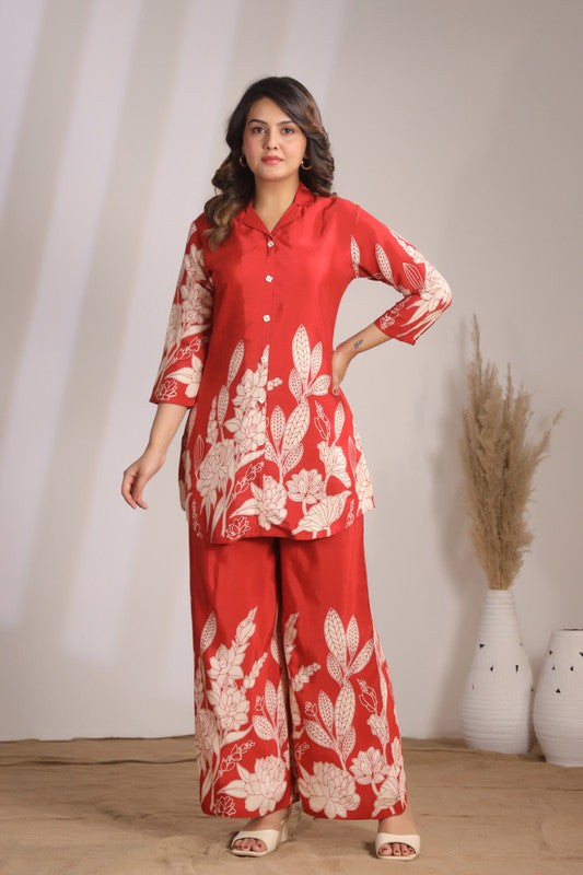 Artisanal Red Floral Tunic Printed Russian Silk Co-ord Set