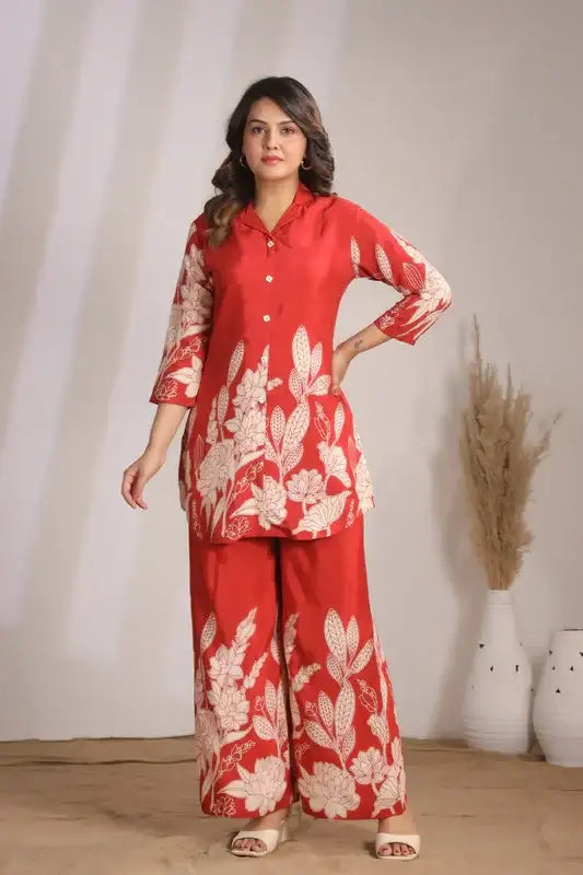 Artisanal Red Floral Tunic Printed Russian Silk Co-ord Set