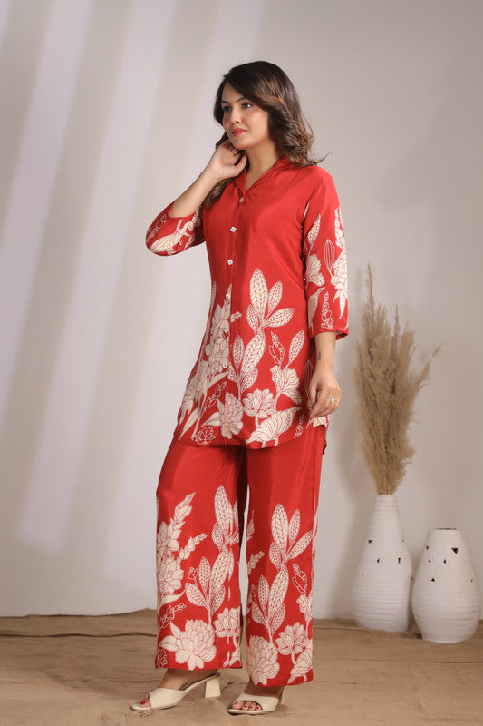 Artisanal Red Floral Tunic Printed Russian Silk Co-ord Set