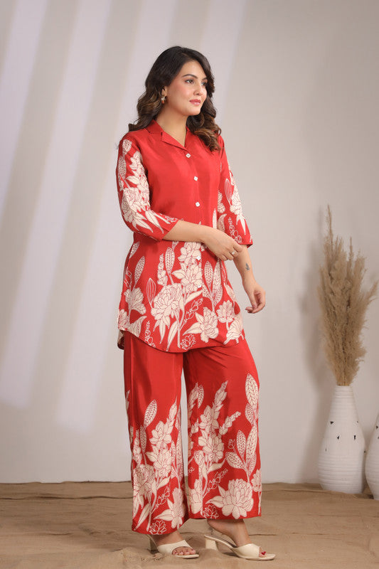 Artisanal Red Floral Tunic Printed Russian Silk Co-ord Set