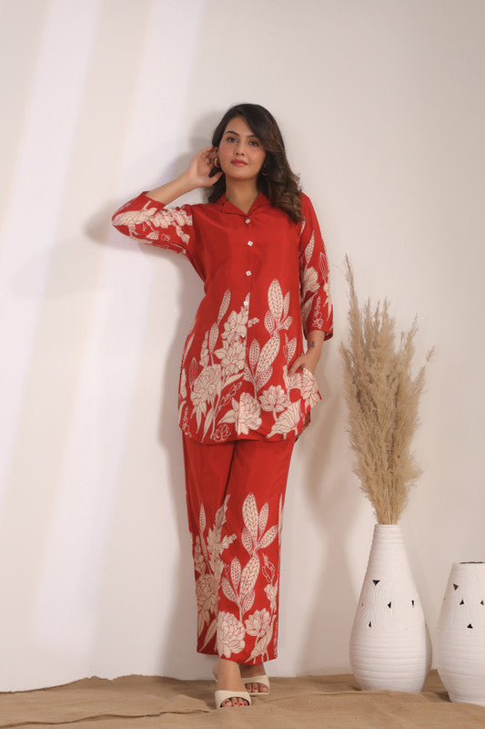 Artisanal Red Floral Tunic Printed Russian Silk Co-ord Set