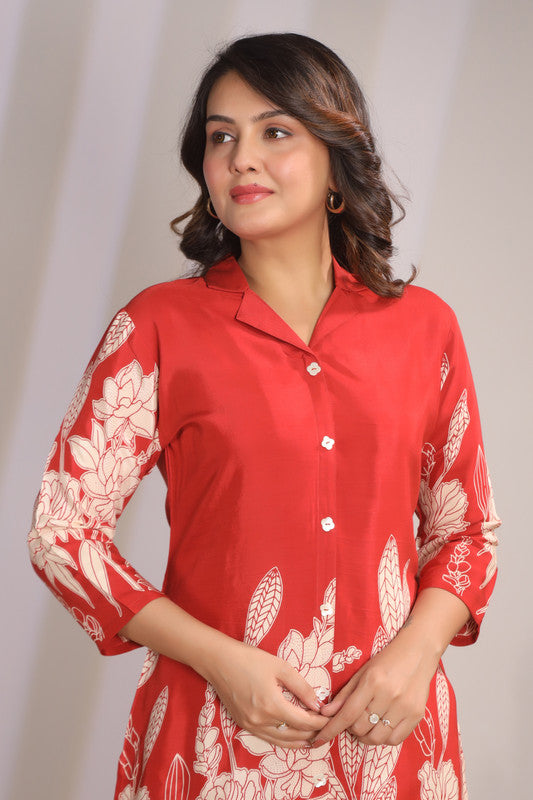 Artisanal Red Floral Tunic Printed Russian Silk Co-ord Set