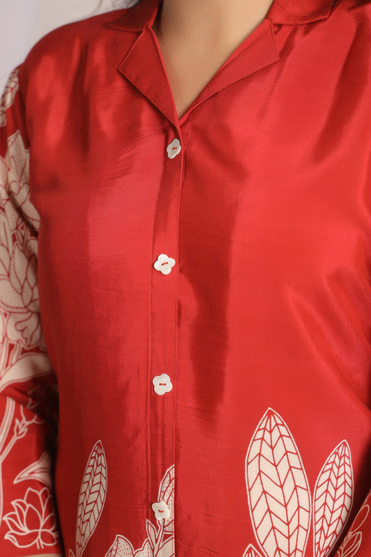 Artisanal Red Floral Tunic Printed Russian Silk Co-ord Set