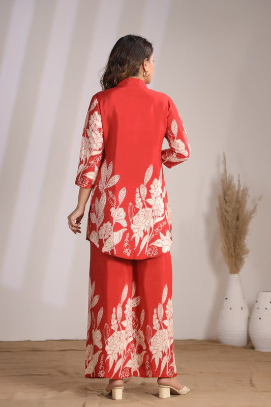 Artisanal Red Floral Tunic Printed Russian Silk Co-ord Set