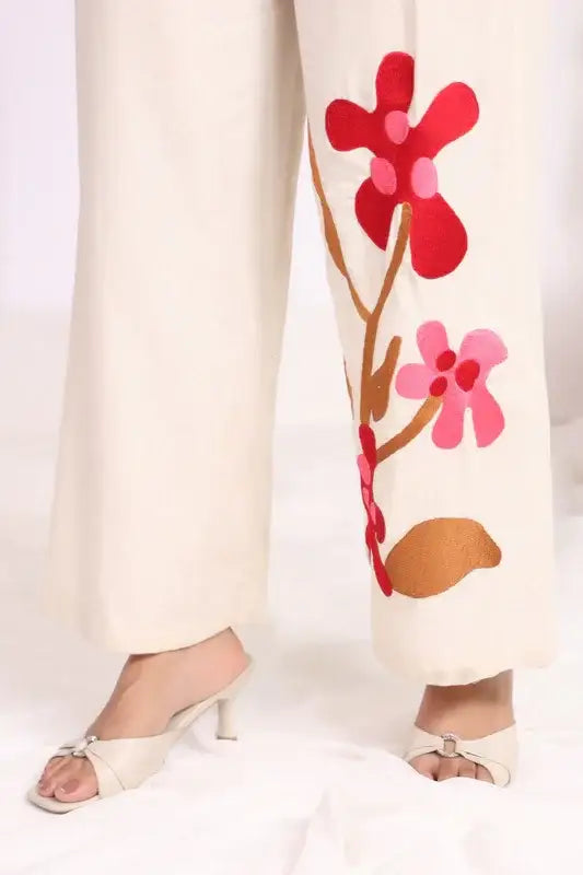 Embroidered Floral Red Cotton Flex Co-ord Set