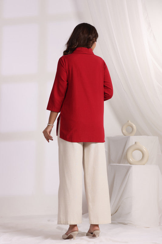 Embroidered Floral Red Cotton Flex Co-ord Set
