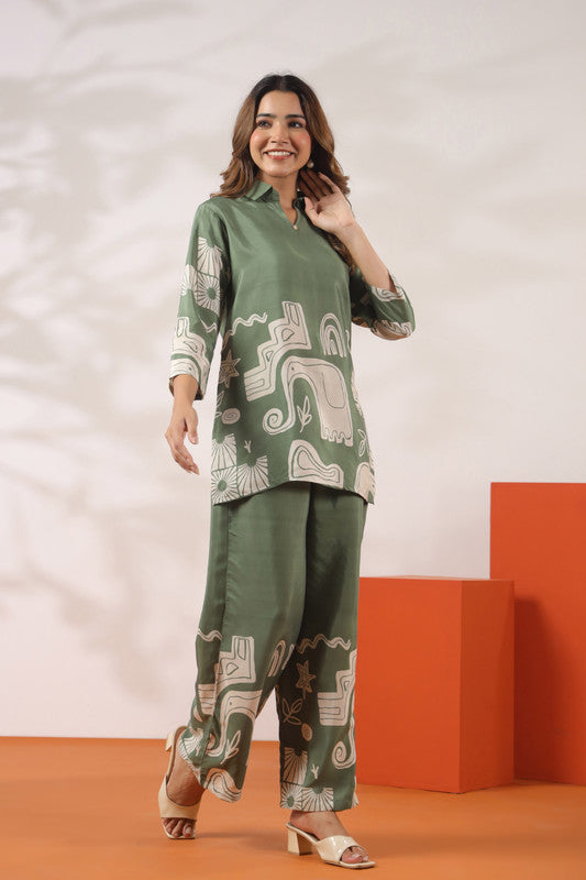 Abstract Elephant Printed Green Russian Silk Co-ord Set