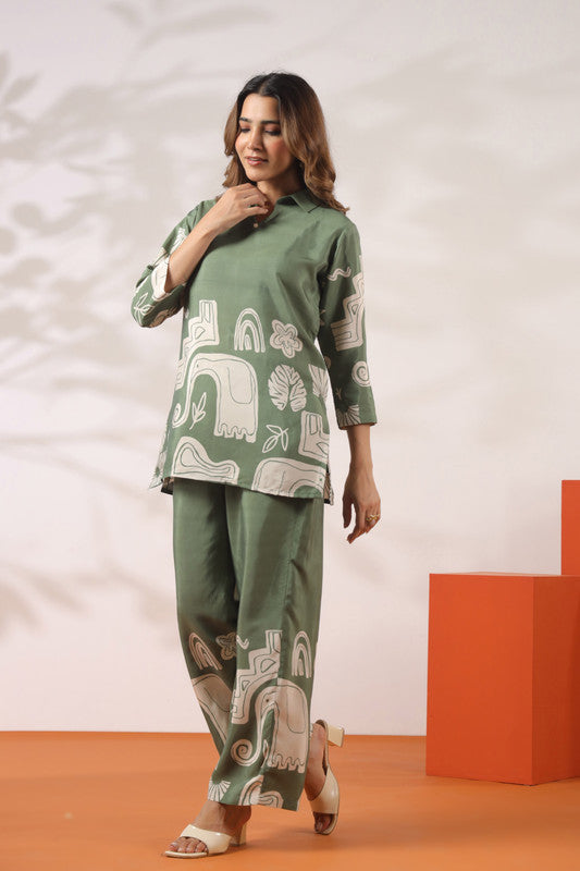 Abstract Elephant Printed Green Russian Silk Co-ord Set