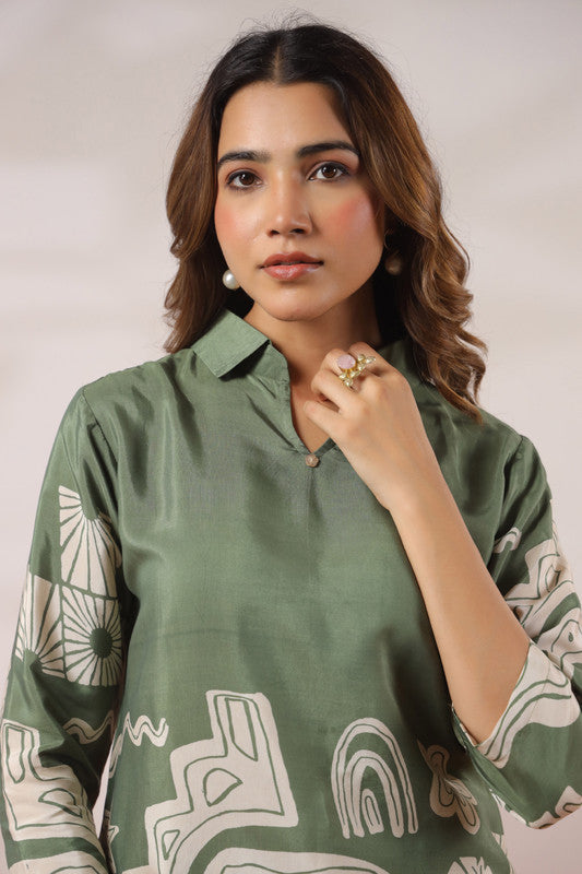 Abstract Elephant Printed Green Russian Silk Co-ord Set