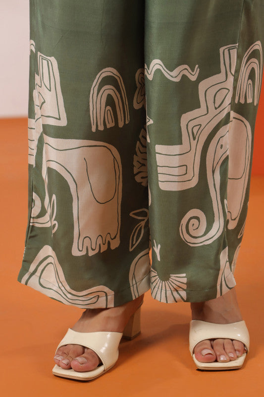 Abstract Elephant Printed Green Russian Silk Co-ord Set