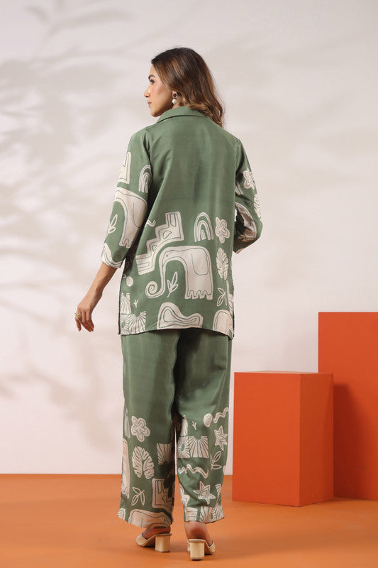 Abstract Elephant Printed Green Russian Silk Co-ord Set