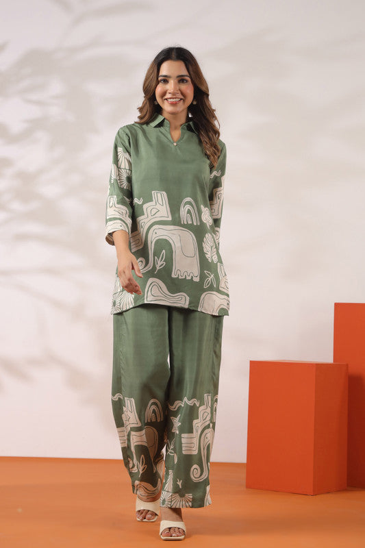 Abstract Elephant Printed Green Russian Silk Co-ord Set