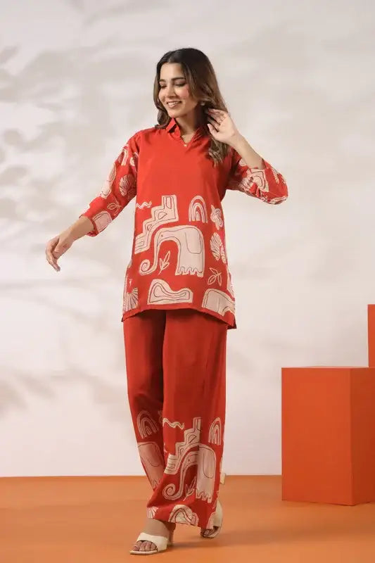 Orange Tropical Aura Russian Silk Co-ord Set