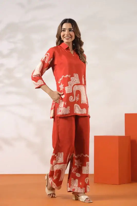 Orange Tropical Aura Russian Silk Co-ord Set