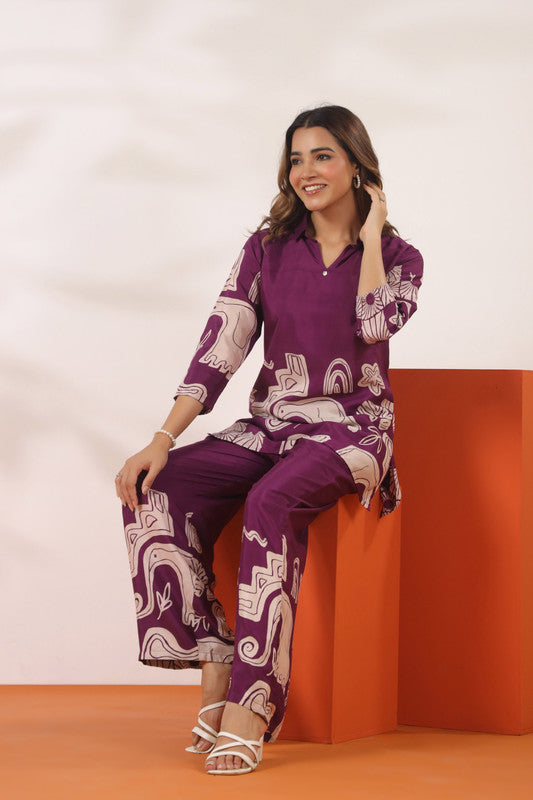 Abstract Printed Purple Russian Silk Co-ord Set