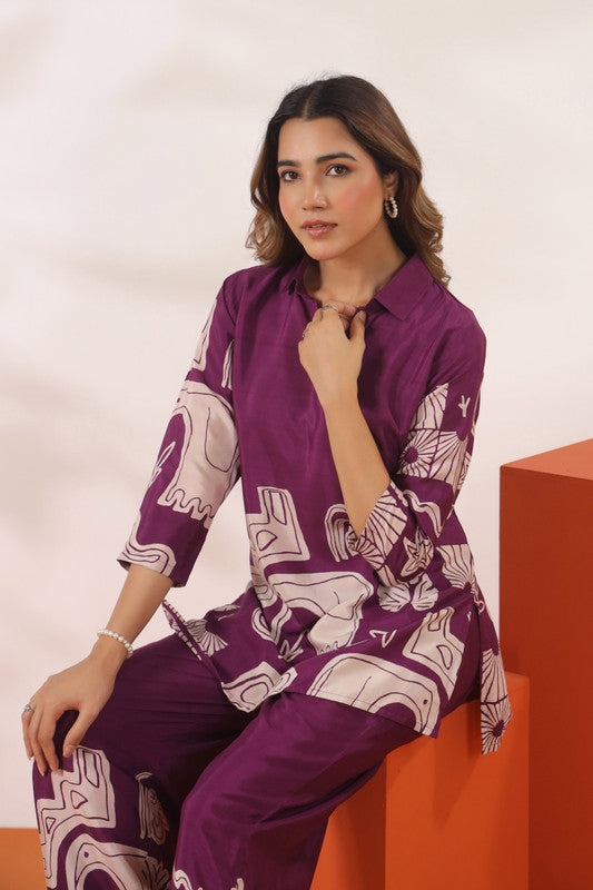 Abstract Printed Purple Russian Silk Co-ord Set