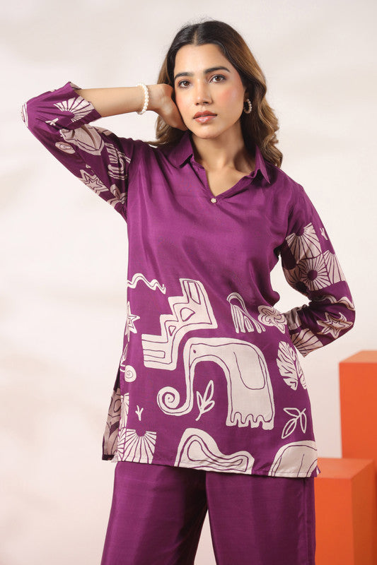 Abstract Printed Purple Russian Silk Co-ord Set