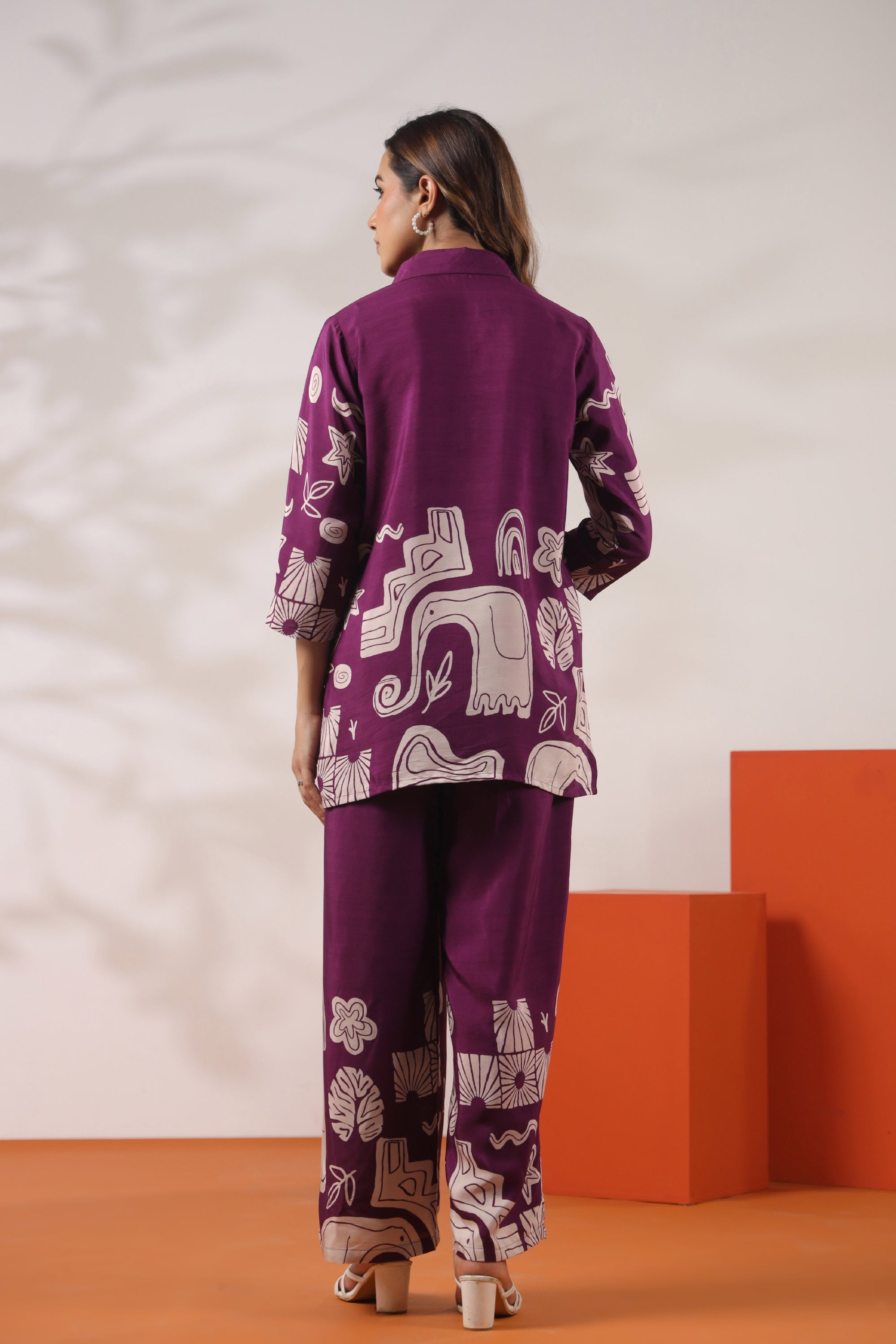 Abstract Printed Purple Russian Silk Co-ord Set