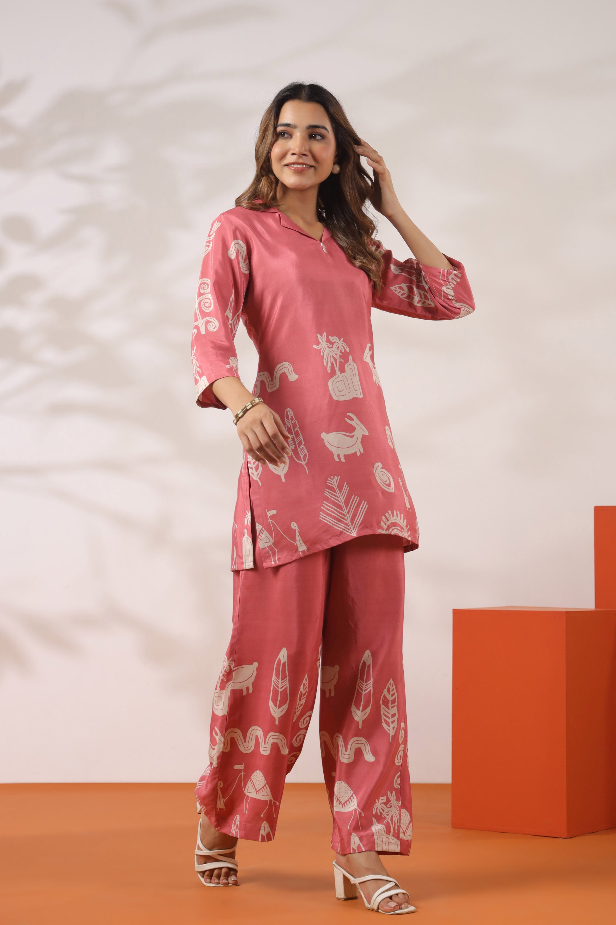 Warli Whisper Printed Pink Russian Silk Co-ord Set