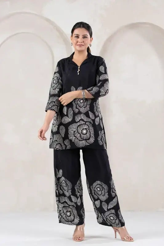 Bold Bloom in Black Printed Russian Silk Co-ord Set
