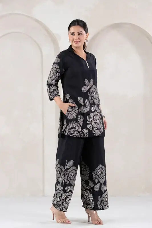 Bold Bloom in Black Printed Russian Silk Co-ord Set