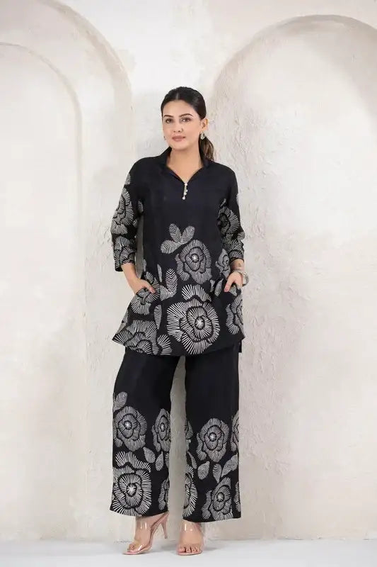 Bold Bloom in Black Printed Russian Silk Co-ord Set
