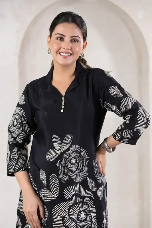 Bold Bloom in Black Printed Russian Silk Co-ord Set