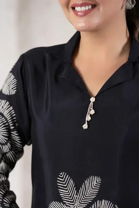 Bold Bloom in Black Printed Russian Silk Co-ord Set