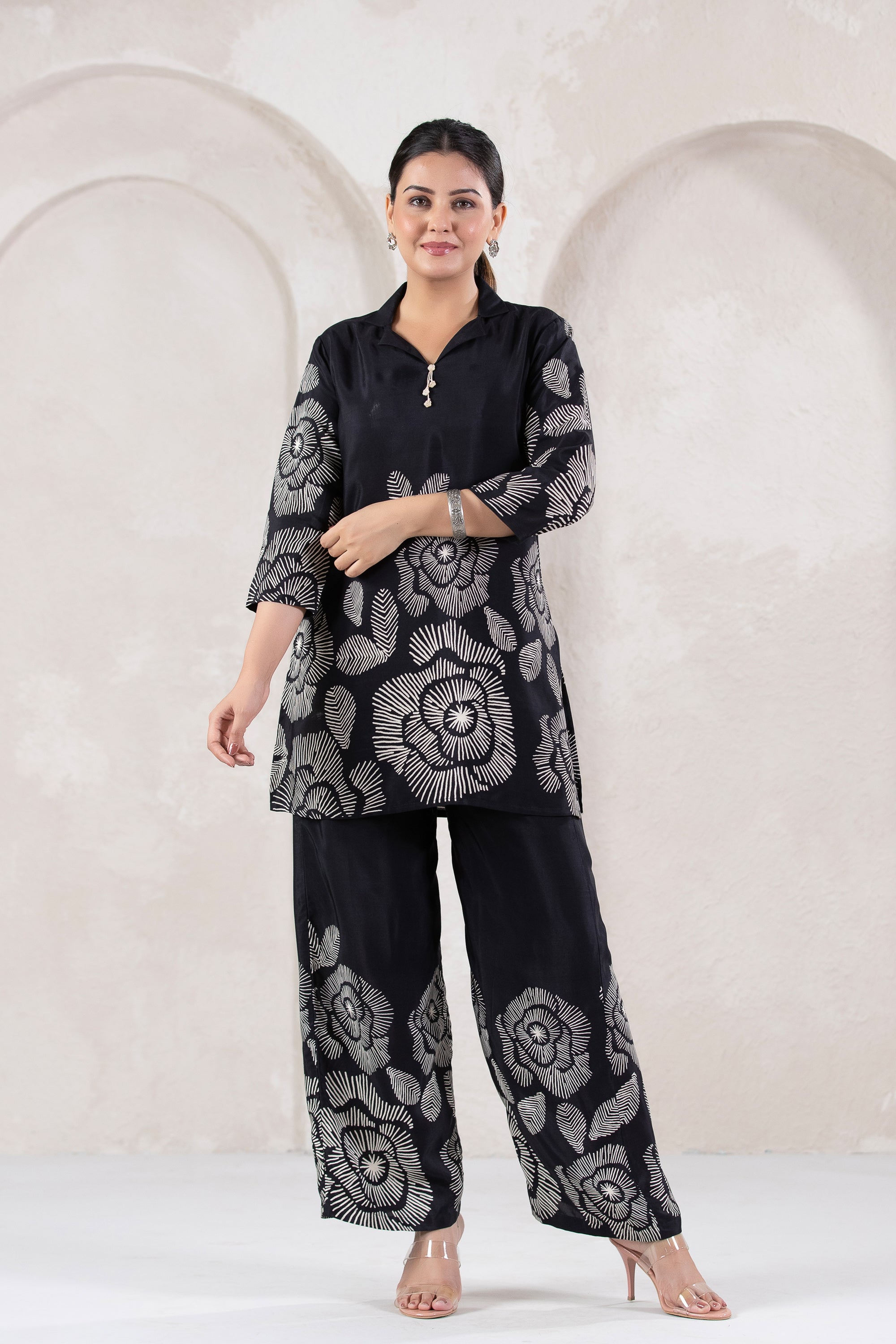 Bold Bloom in Black Printed Russian Silk Co-ord Set