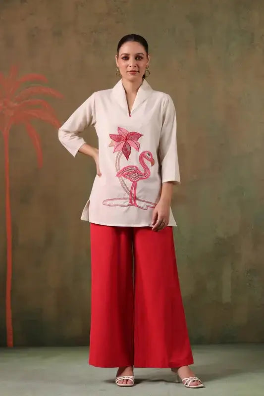 Tropical Flamingo Embroidery Red Cotton Flex Co-ord Set