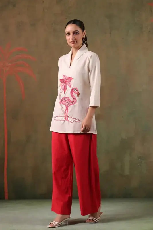 Tropical Flamingo Embroidery Red Cotton Flex Co-ord Set