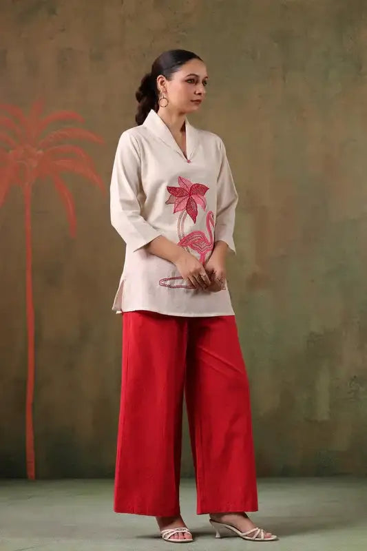 Tropical Flamingo Embroidery Red Cotton Flex Co-ord Set