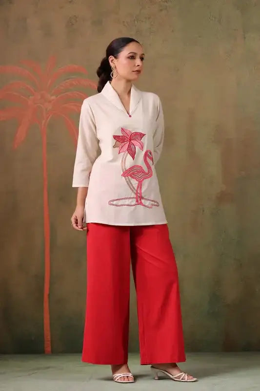 Tropical Flamingo Embroidery Red Cotton Flex Co-ord Set