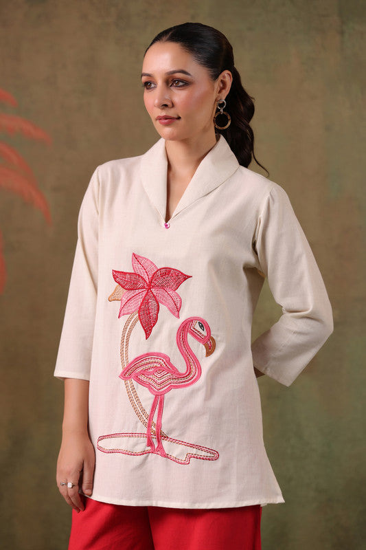 Tropical Flamingo Embroidery Red Cotton Flex Co-ord Set