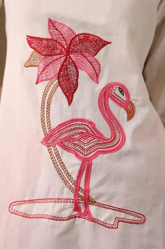 Tropical Flamingo Embroidery Red Cotton Flex Co-ord Set